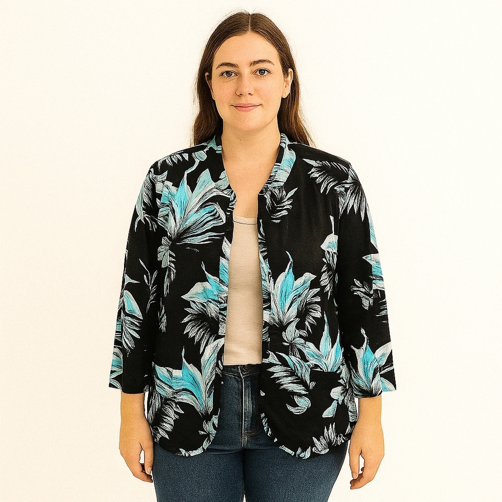 Chicos Blazer Womens Size Medium Floral Jacket Blue Island Button Down Pockets